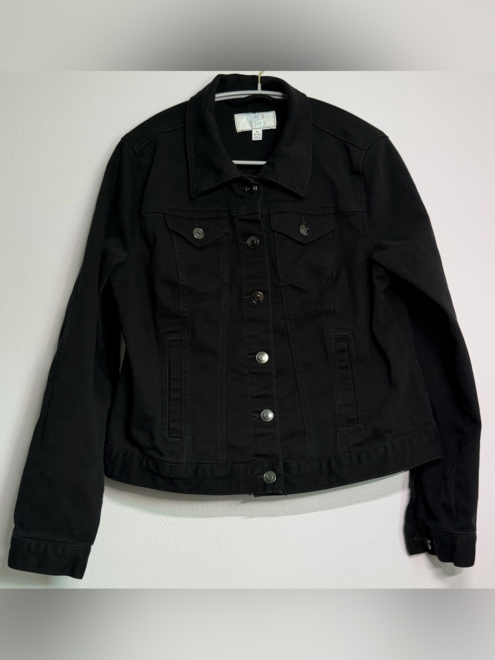 Time and Tru Black Stretch Denim Jean Jacket Medium M Gunmetal Buttons